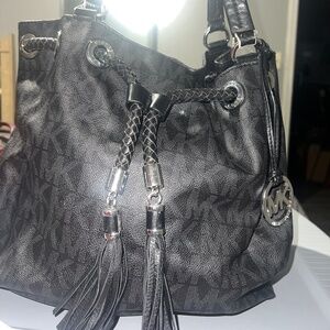 Michael Kors Large Braided Tassel Black Logo Tote Bag